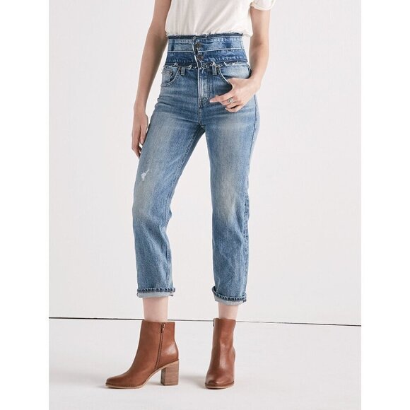 Lucky Brand Denim - Lucky Remade Pins Stacked Waist Jeans Size 26 US 2 Blue Cropped High Rise Frayed
